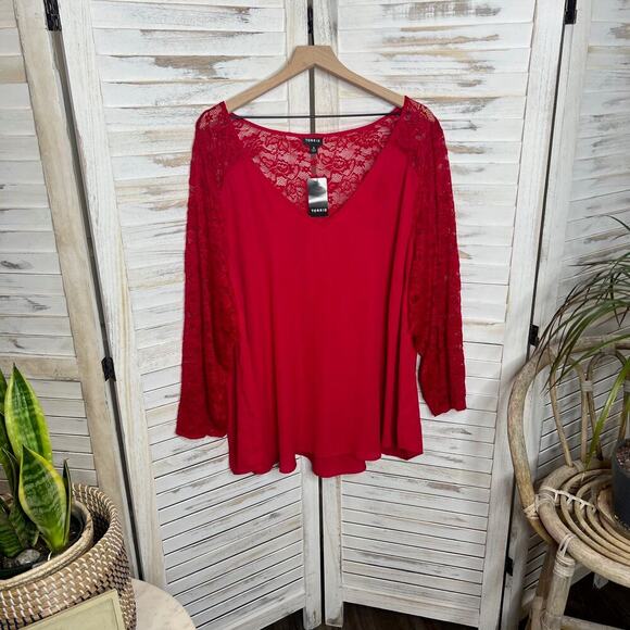 TORRID PLUS 4X 26 Georgette V Neck Lace Sleeve Blouse Top Jester Red NWT Flawed - Picture 3 of 15